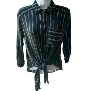 Vixbe Black + White Striped Button Front Tie Hem Blouse